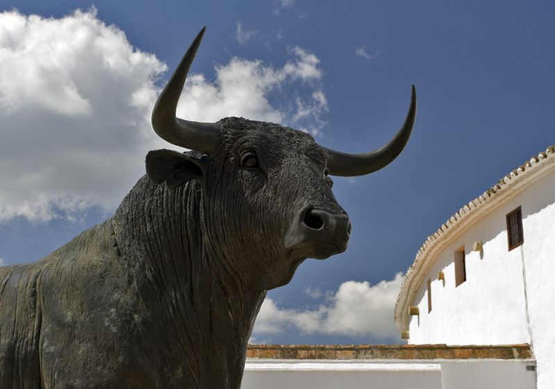 Tyr ved tyrefægteraarenaen
Bull next to the bullfighting arena
